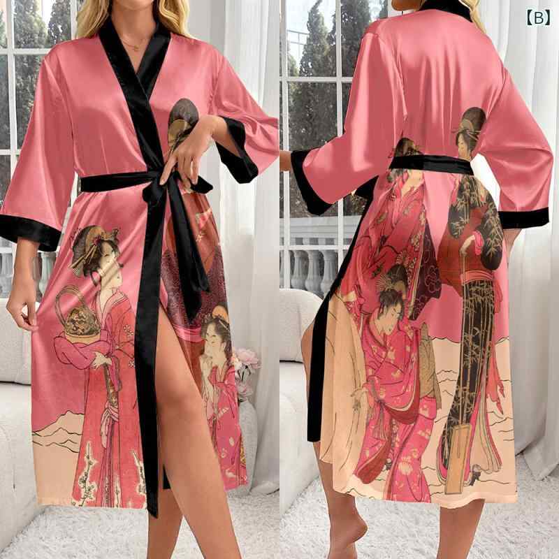 ルームウェア レディース レトロ 浮世絵 和風 和柄 プリント 白鶴柄 芸妓柄 和服スタイル Vネック 接触冷感 シルク調 薄手 軽量 ナイトガウン リラックスウェア 春夏秋
