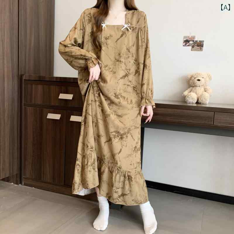 ルームウェア ワンピース レディース 長袖 ロング丈 薄手 ゆったり 大きいサイズ 再生繊維 パジャマ 快適 通気性 春夏 スクエアネック 花柄 リーフ柄 おうち時間