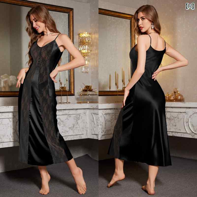 ナイトドレス レディース セクシー ランジェリー キャミソール スリップ ロング丈 接触冷感 シルクタッチ 薄手 無地 レース ポリエステル ルームウェア 部屋着 夏用 ブラック ホワイト