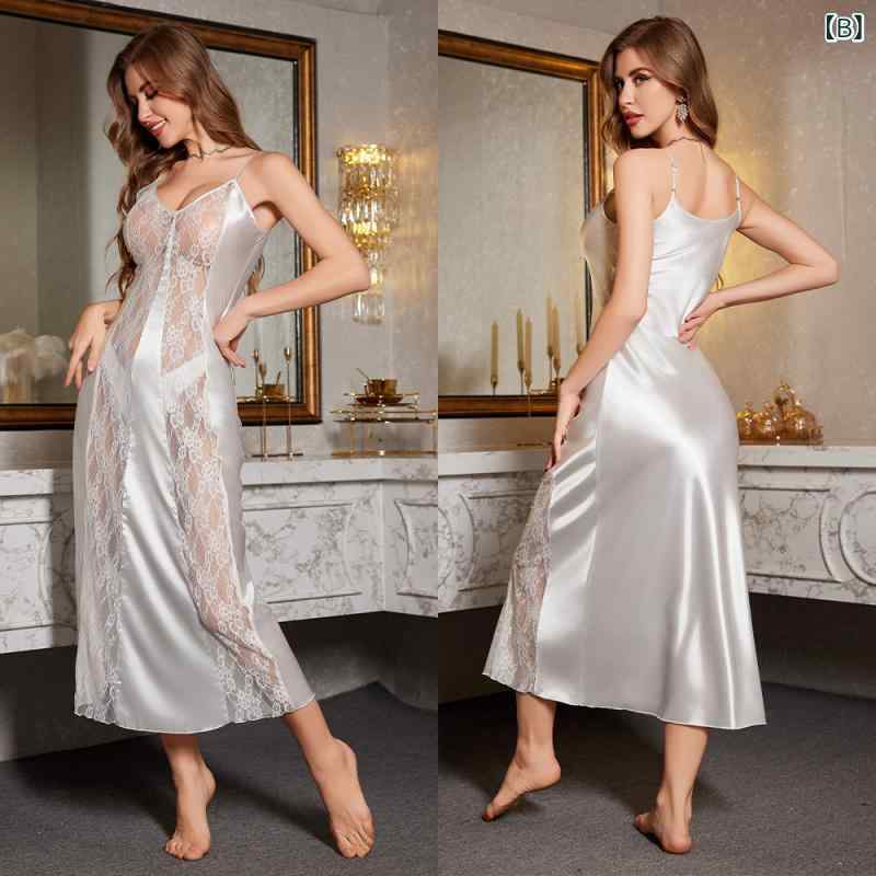 ナイトドレス レディース セクシー ランジェリー キャミソール スリップ ロング丈 接触冷感 シルクタッチ 薄手 無地 レース ポリエステル ルームウェア 部屋着 夏用 ブラック ホワイト