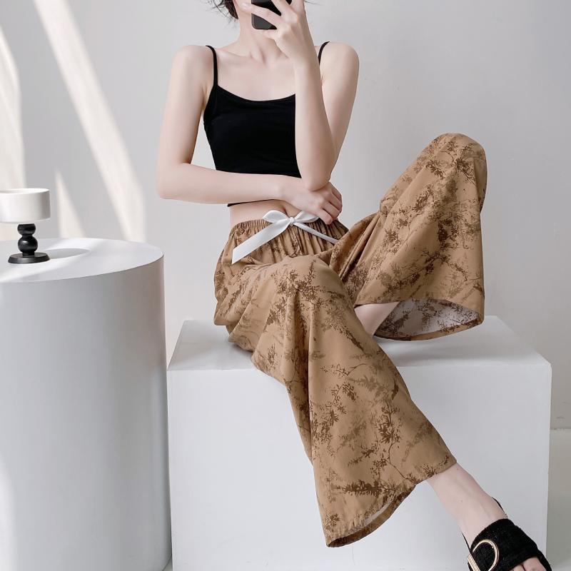 ルームパンツ レディース 再生繊維 レーヨン 薄手 春夏 接触冷感 ひんやり ゆったり ワイドパンツ ロングパンツ 部屋着 リラックスウェア ワンマイルウェア 通気性 伸縮性 チャイナ風 水墨画風 花柄 タイダイ柄 ヒョウ柄(x2)