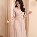 ルームウェア レディース 胸パッド付き パジャマ 半袖 Vネック ロング丈 接触冷感 レース あざとかわいい セクシー ネグリジェ 春夏秋 ピンク イエロー ポ...
