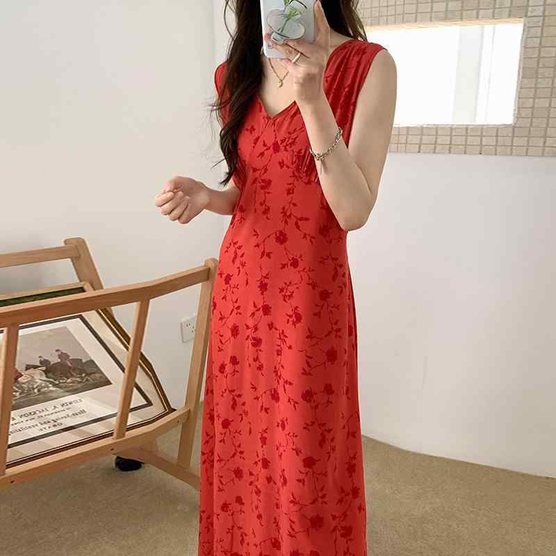 ワンピース レディース 再生繊維 ロング丈 Vネック ノースリーブ ルームウェア パジャマ 外出着 ワンマイルウェア 新中華風 高級感 薄手 軽量 春夏 通気性 快適 カジュアル(x3)