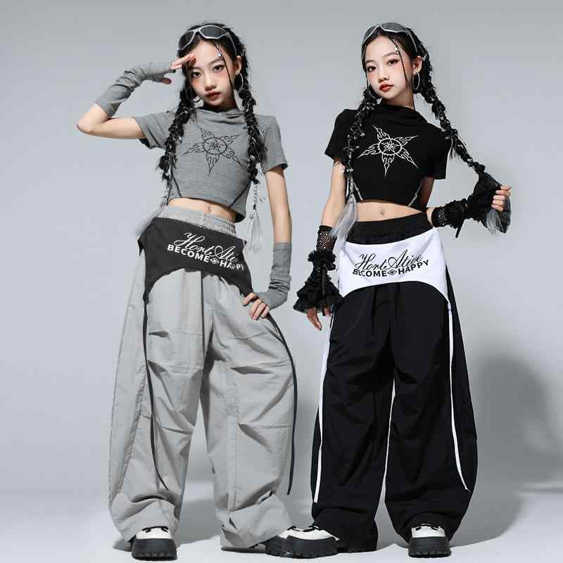 ダンス衣装 ガールズ キッズ ジャズ ストリート ヒップホップ 発表会 パフォーマンス レッスン着 セットアップ クロップド丈 ショート丈 おしゃれ トレンド 再生繊維 グレー ブラック 夏