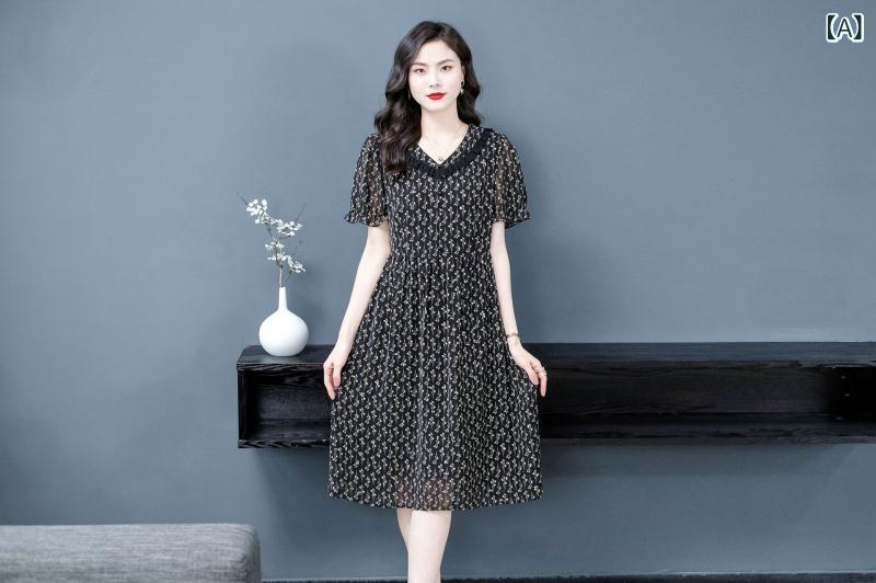 ワンピース レディース ママ ミセス 夏 シフォン 花柄 小花柄 ロング丈 着痩せ 体型カバー ゆったり 快適 通気性 涼しい ブラック ピーターパンカラー