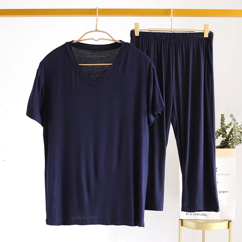 ルームウェア メンズ モダール 再生繊維 薄手 半袖 Vネック プルオーバー 七分丈パンツ 上下セット パジャマ 通気性 無地 ストレッチ 春夏 快適 リラックス 部屋着 ワンマイルウェア