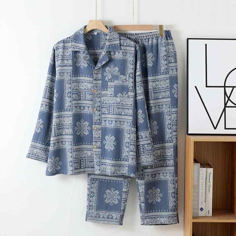 ・カテゴリ: セットアップ・素材: 二重ガーゼ・主な素材: 綿100%・厚さ: 薄手 (121-140g/平米)・ネックライン: 開襟・袖丈: 長袖・丈: ロングパンツ・機能: 通気性、睡眠、バスタイム、部屋着、外出着対応、快適・シーズン: 春、夏、秋・対象: 中年男性・シーン: アウトドア、部屋着・カラー展開: ペイズリーグレー、ペイズリーブルー・サイズ展開: M、L、XL、XXL・スタイル: シンプルカジュアル