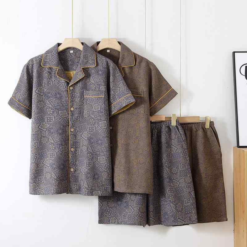 パジャマ メンズ 綿100% 先染めガーゼ ウォッシュドコットン 薄手 半袖 ショートパンツ セットアップ ルームウェア 部屋着 外出兼用 春夏 襟付き 通気性 快適 高級感