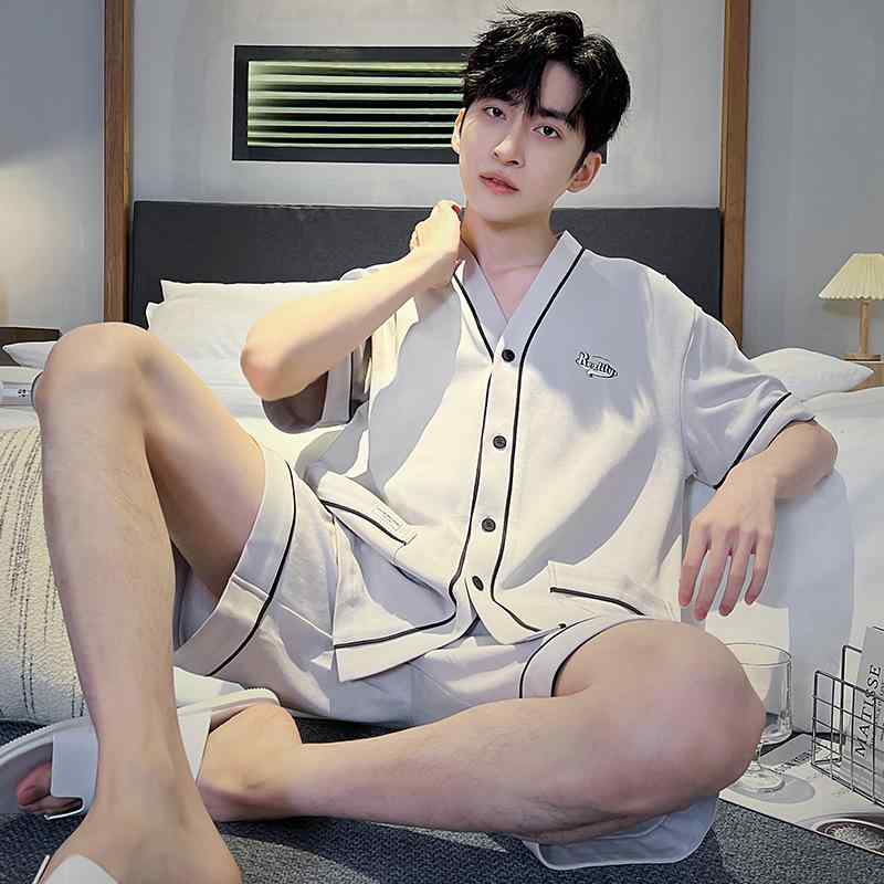 ルームウェア メンズ 男性用 純綿 半袖 Vネック 前開き パジャマ セットアップ 薄手 ショートパンツ 上下セット 部屋着 外出着 ワンマイルウェア カジュアル 通気性