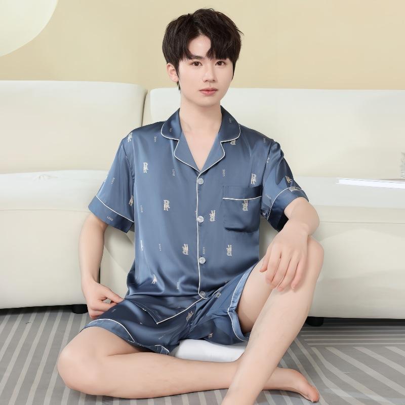 メンズ パジャマ 寝巻き ルームウェア 部屋着 春夏 接触冷感 吸湿速乾 半袖 ショートパンツ セットアップ 開襟シャツ 薄手 軽量 ポリエステル サラサラ 総柄 快適 旅行 ホテル