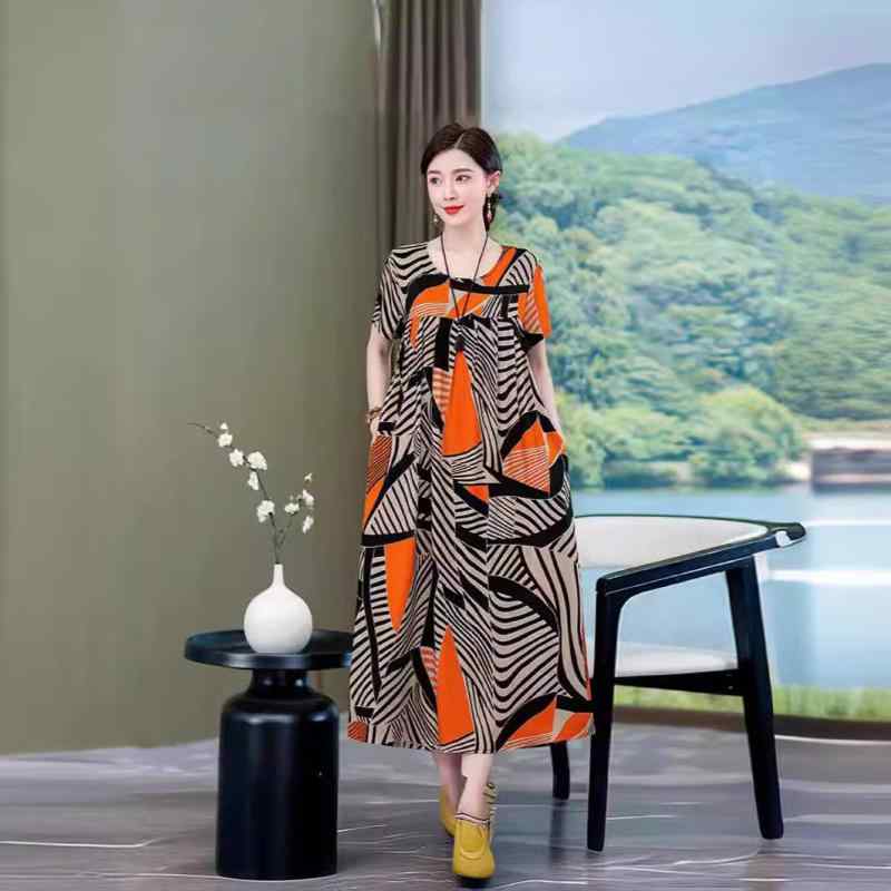 ワンピース レディース ミセス 50代 ママ 再生繊維 半袖 花柄 ミモレ丈 Aライン ラウンドネック ゆったり 大きいサイズ 体型カバー 着痩せ ポケット付き エレガント きれいめ 通勤 オフィス 春夏