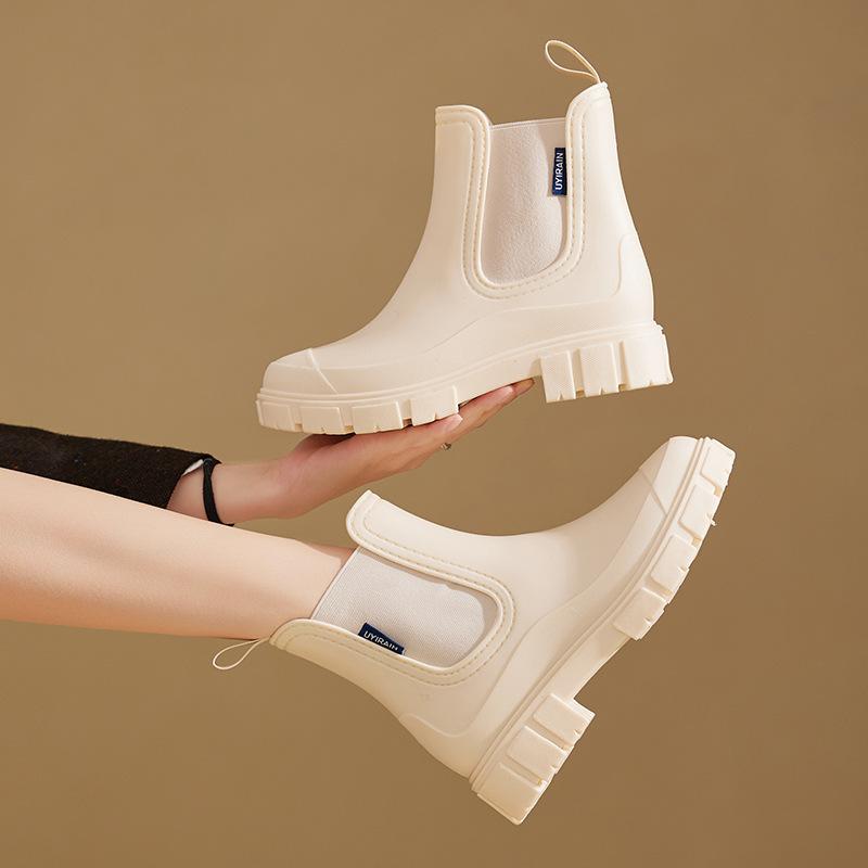 雨靴 レディース レインブーツ 長靴 厚底 シークレットヒール 高級感 おしゃれ 防水 耐水 耐摩耗性 滑りにくい ミドル丈 ローヒール PVC素材 普段使い 通勤 アウトドア オールシーズン ピンク ブラック グリーン オフホワイト ベージュ