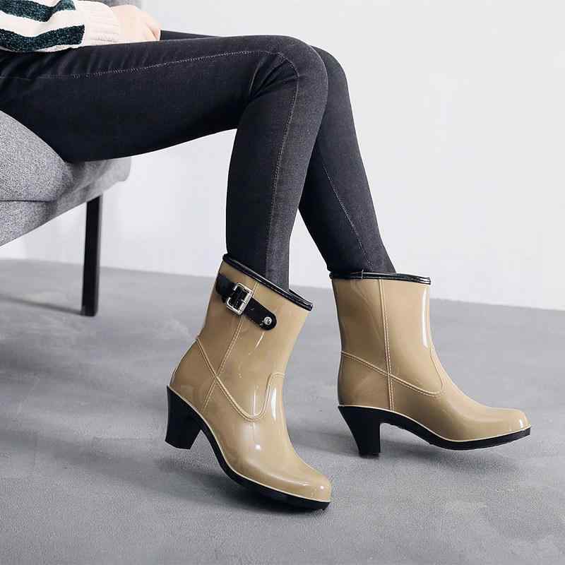 レインブーツ レディース 女性用 秋冬 韓国風 おしゃれ ハイヒール 中綿入り 裏ボア ミドル丈 サイドバックル 防水 滑り止め(x2)