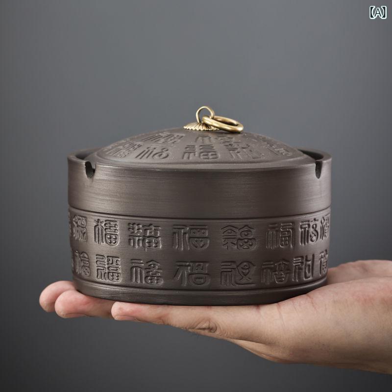 灰皿 紫砂陶器 蓋付き 卓上 百福柄 レトロ 高級感 上品 ユニーク 飛散防止 ホテル 家庭用 リビング コーヒーテーブル 喫煙具