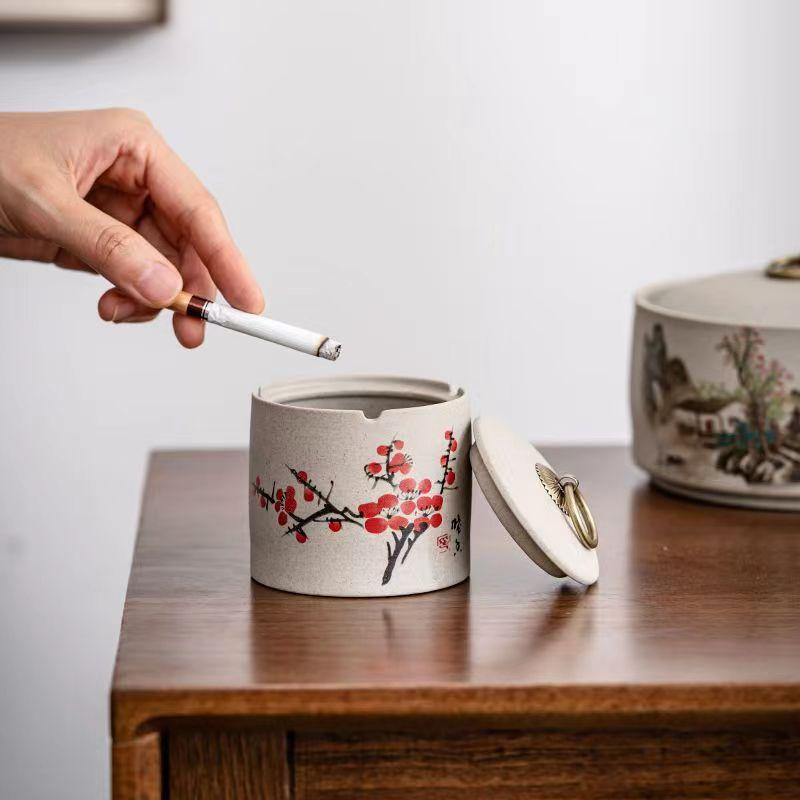 灰皿 蓋付き 陶磁器製 粗陶器 防風 灰飛散防止 煙消し機能 リビング オフィス 喫煙グッズ 新和風 和モダン シンプルデザイン 卓上 吸い殻入れ