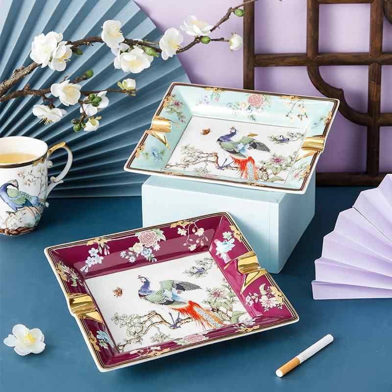 灰皿 家庭用 リビング オフィス 卓上 大型 陶器 高級感 金彩 手描き 新中式 百鳥柄 ブルー レッド インテリア 置物 オブジェ