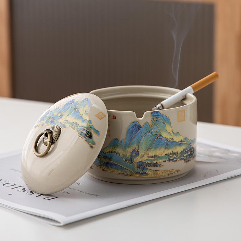 灰皿 大型 陶器製 セラミック 蓋付き 防塵 密閉式 おしゃれ ユニークデザイン 個性的 中国風 千里江山柄 リビング オフィス 自宅用 卓上 インテリア雑貨