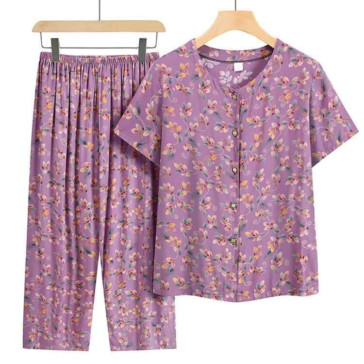パジャマ レディース シニア 夏用 再生繊維 薄手 開襟 トップス ゆったり 9分丈パンツ 花柄 上下セット ルームウェア 部屋着
