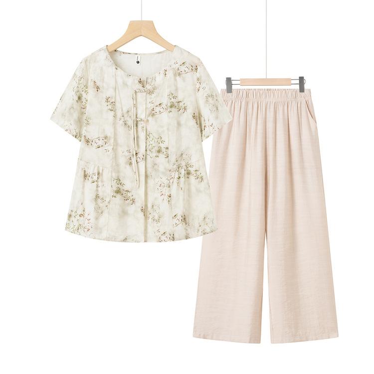 セットアップ レディース ママ 夏 カジュアル おしゃれ 上品 プリント トップス ワイドパンツ 2点セット ゆったり ポリエステル素材 普段使い お出かけ 九分丈 ライトグリーン カーキ
