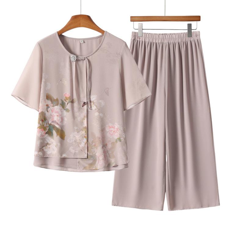 セットアップ レディース ミセス 夏 七分袖 花柄 トップス ブラウス 薄手 ゆったり 体型カバー ポリエステル混 2点セット プルオーバー カジュアル シニア 婦人服