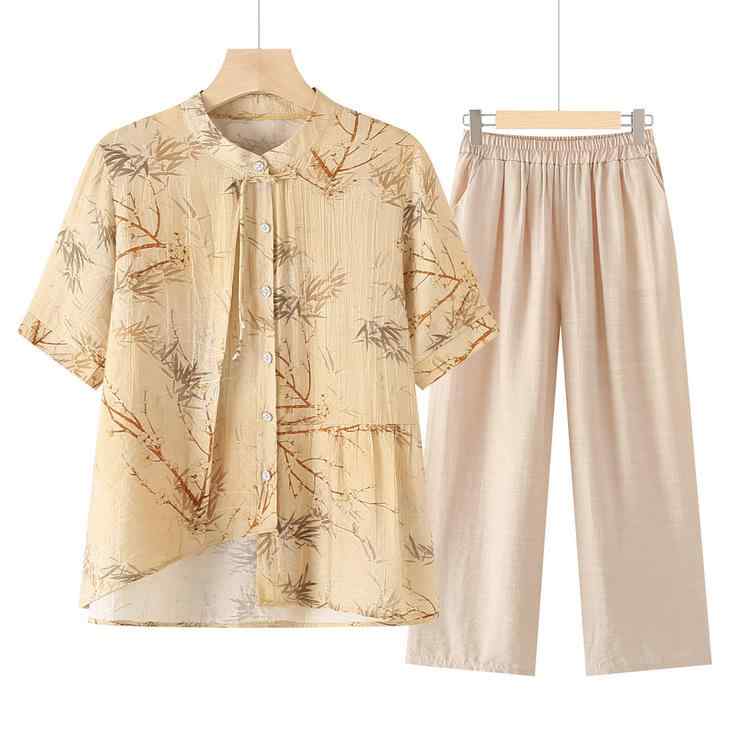 セットアップ レディース ミセス 中高年女性 半袖 花柄 チャイナ風 トップス パンツ 春夏 ゆったり エレガント 薄手 ポリエステル 普段使い お出かけ リラックス ミドル丈 高級感