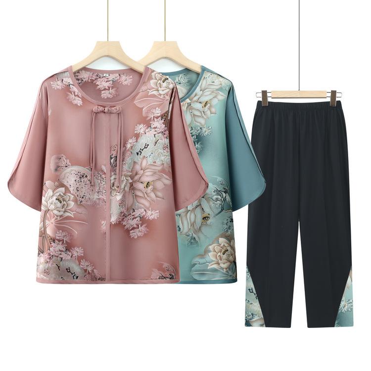 セットアップ レディース ミセス シニア 夏 チャイナ風 ゆったり ブラウス 七分袖 チャイナボタン 花柄 トップス 九分丈パンツ 2点セット お洒落 ママ向け 普段使い くすみピンク グリーン