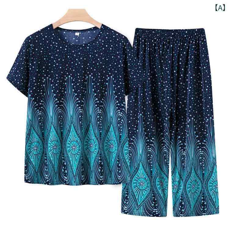 セットアップ レディース シニア ミセス 夏物 半袖 トップス 九分丈パンツ カジュアル おしゃれ ゆったり リラックス 上下セット 普段着 部屋着 グリーン レッド