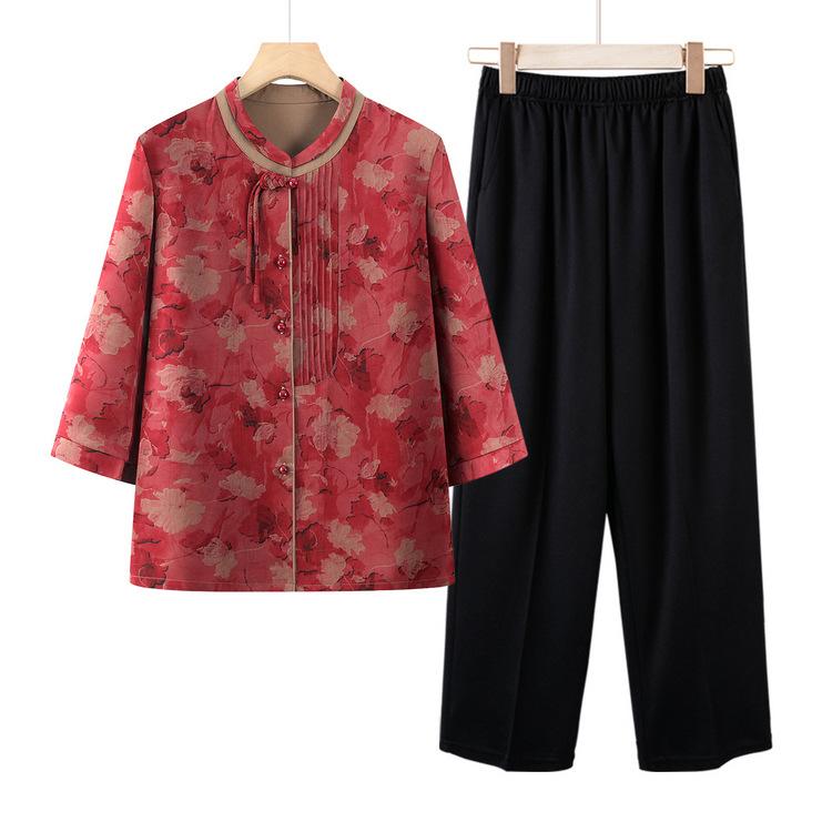 ブラウス レディース ミセス 春夏 開襟 クルーネック チャイナボタン 七分袖 ゆったり 薄手 ポリエステル カジュアル 普段使い レッド グリーン(4)