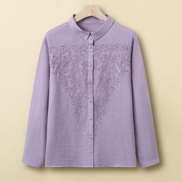 シャツ ブラウス レディース ミセス 大人の女性 レトロ 凝った刺繍 スタンドカラー ポケット付き 前開き 羽織り きれいめ カジュアル トップス ポリエステル 春夏(4)