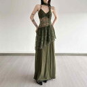 ワンピース レディース 春夏新作 グリーン キャミワンピース ロング丈 レース 切り替え シアー リゾートスタイル セクシー Vネック ハイウエスト ノースリーブ ニット 森ガール風