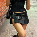 ミニスカート レディース PUレザー フェイクレザー スタッズ ワイドベルト スリット ローライズ 切り替え ブラック ゴシック パンク ストリート セクシー クール系 春夏