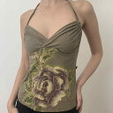 キャミソール レディース ホルターネック 花柄 バックオープン セクシー レトロ ヴィンテージ ショート丈 スリムフィット ストリート系 ギャル グリーン ポリエステル 伸縮性 夏 普段使い