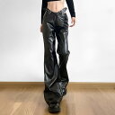 パンツ レディース カジュアル フェイクレザー ストレートパンツ ローウエスト ウエストカットアウト スクエアバックル ストリート系 秋冬 ブラック フルレングス ポリエステル 伸縮性