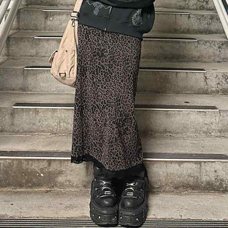 スカート レディース レトロ ヴィンテージ ヒョウ柄 レオパード柄 プリント メッシュ チュール シースルー 透け感 レース 切り替え タイト スリム ミモレ丈 ミディ丈 ポリエステル ブラウン 茶色 秋冬(4)