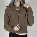 ジャケット レディース コーデュロイ リブ 切り替え ショート丈 ヴィンテージ加工 レトロ アメカジ ゆったり ジップアップ 襟付き アウター ポリエステル 秋冬 ブラウン