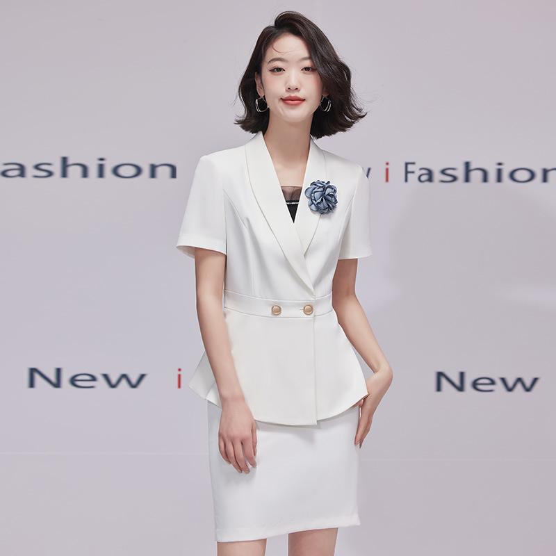 スカートスーツ レディース 五分袖 春夏 オフィス ビジネス フォーマル 制服 ユニフォーム 受付 ホテル エステ ジュエリーショップ 上品 エレガント ポリエステル(x2)