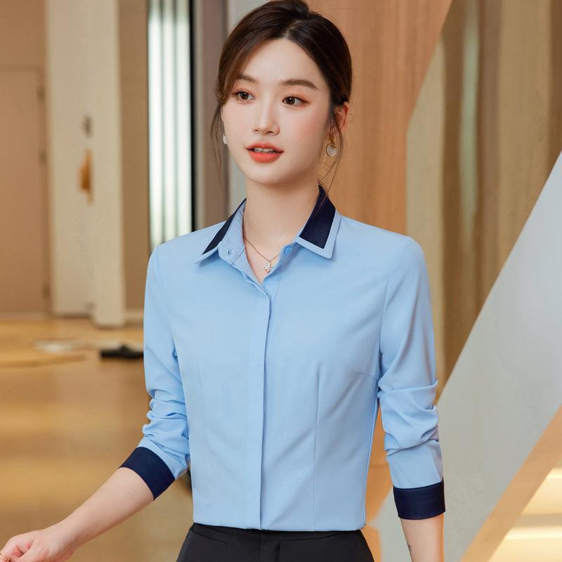 ブラウス レディース 事務服 オフィス ビジネス フォーマル スリムフィット 長袖 襟付き エレガント 上品 無地 通勤服 ポリエステル 伸縮性 しわになりにくい 春秋 ホワイト グレー ライトブルー(x2)