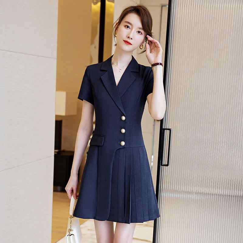 ワンピース レディース オフィス ビジネス 春夏 エレガント 上品 半袖 ミディ丈 Aライン テーラードカ..