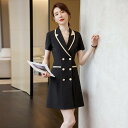 ワンピース レディース スーツ風 ジャケット風 半袖 ビジネス フォーマル オフィス エレガント 上品 薄手 軽量 春夏 宝飾店 不動産 制服 ユニフォーム ポ...