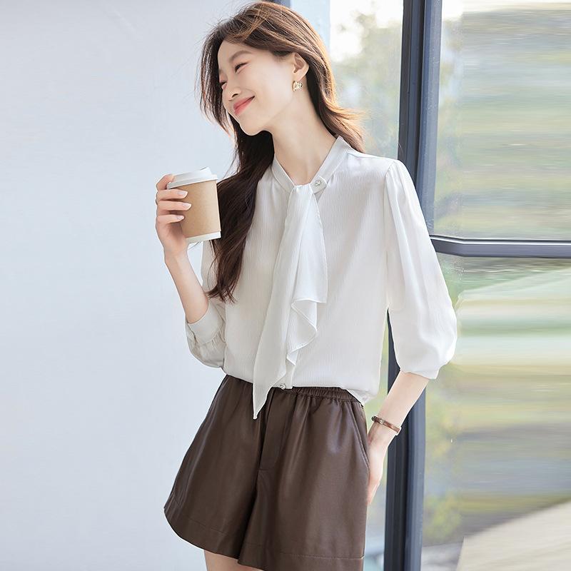 ブラウス レディース ボウタイ リボン 長袖 スタンドカラー エレガント 上品 ドレープ とろみ 無地 白 アプリコットカラー ポリエステル シワになりにくい オフィス 通勤 春秋 トップス(x2)