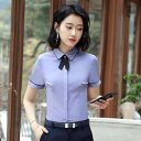 制服 ブラウス レディース 半袖 襟付き カフェ 受付 事務服 接客業 エレガント スリムフィット 無地 切り替え ストレッチ性 ポリエステル素材 通勤 オフィス ホワイト パープル グレー 春夏(x2)