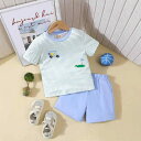 セットアップ キッズ 男の子 男児 半袖 Tシャツ カットソー ショートパンツ ハーフパンツ 2点セット 上下セット 夏 スポーツ 運動 カジュアル 普段使い ストライプ ボーダー ポリエステル スカイブルー 水色 ルームウェア