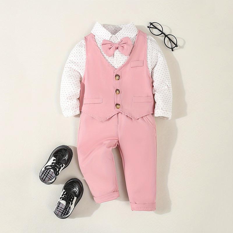 フォーマルスーツ ベビー 男の子 キッズ 三点セット シャツ ベスト パンツ 1歳 誕生日 発表会 結婚式 お呼ばれ セレモニースーツ 英国風 ポリエステル ピンク 柔らかな肌触り 春秋