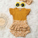 ベビー服 女の子 欧米風 ヒョウ柄 無地 フリル袖 ロンパース ボディスーツ ショートパンツ ヘアバンド 3点セット 夏 綿 カジュアル かわいい お出かけ 普段使い
