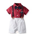 ベビー服 男の子 フォーマルスーツ ストライプ柄 ロンパース サスペンダー付き ショートパンツ 蝶ネクタイセット 夏物 綿 コットン 赤色 紳士風 お出かけ 結婚式 発表会 セレモニー