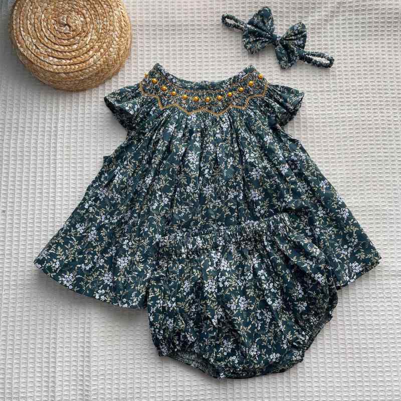 子供服 女の子 ベビー 夏 3点セット 手編みビーズ ケーブル編み 花柄スカート ショート丈 半袖 綿 コッ..