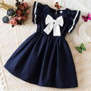 ワンピース 女の子 キッズ 子供服 半袖 リボン 刺繍 Aライン かわいい 綿混 春夏 カジュアル ピンク ネイビー お出かけ着