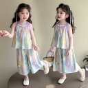 パンツセットアップ キッズ 女の子 夏 カラフル 花柄 タンクトップ ノースリーブ ワイドパンツ ガウチョパンツ 韓国風 おしゃれ 薄手 柔らかい 綿混 パープル 2点セット