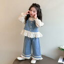 キッズ 女の子 セットアップ プリンセス風 フリル 3点セット 韓国風 ワイドパンツ ガウチョパンツ デニム ジーンズ コットン 綿 長袖 春夏 普段使い お出かけ かわいい