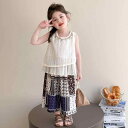 女の子 セットアップ ノースリーブ タンクトップ 夏服 ワイドパンツ ボヘミアン風 コットン 薄手 ゆったり カジュアル 普段着 キッズ 子供服 2点セット